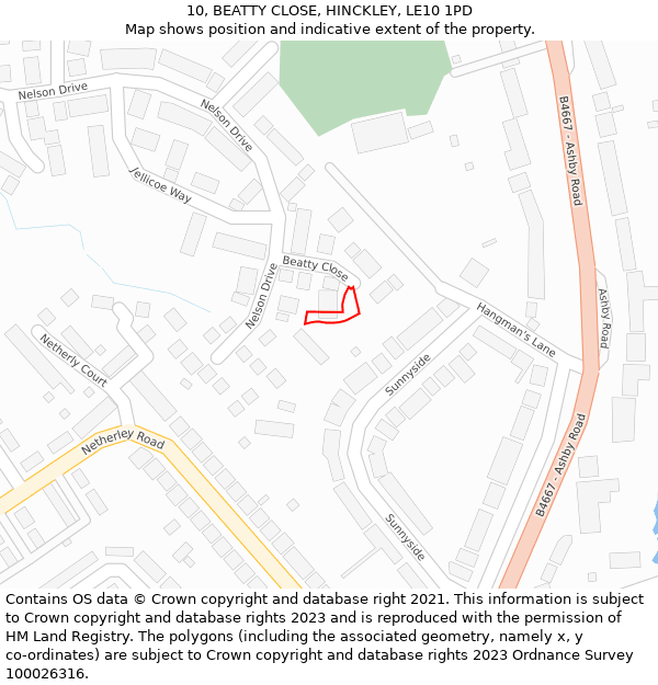 10, BEATTY CLOSE, HINCKLEY, LE10 1PD: Location map and indicative extent of plot