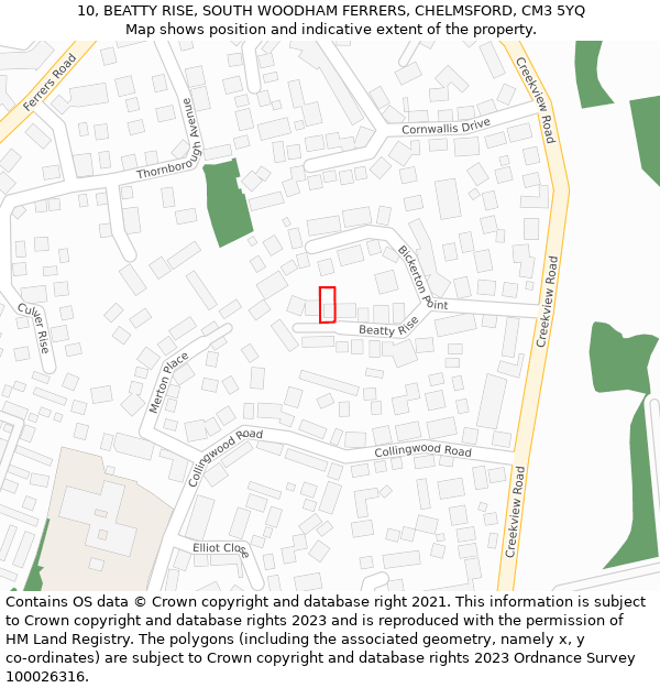 10, BEATTY RISE, SOUTH WOODHAM FERRERS, CHELMSFORD, CM3 5YQ: Location map and indicative extent of plot