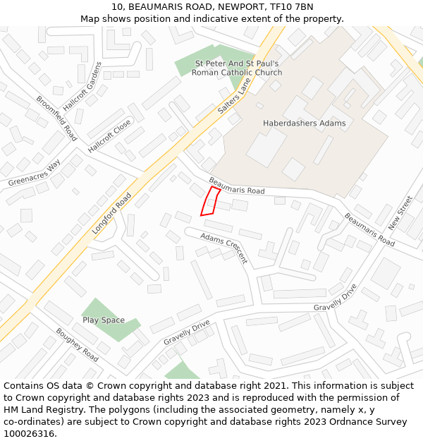 10, BEAUMARIS ROAD, NEWPORT, TF10 7BN: Location map and indicative extent of plot