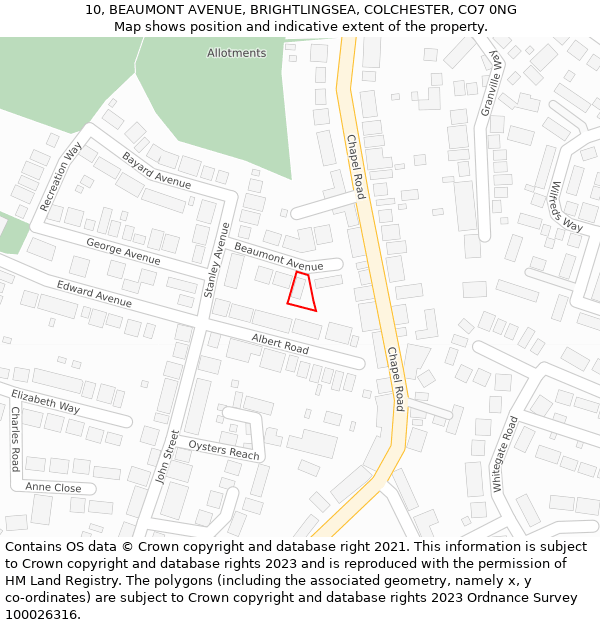 10, BEAUMONT AVENUE, BRIGHTLINGSEA, COLCHESTER, CO7 0NG: Location map and indicative extent of plot