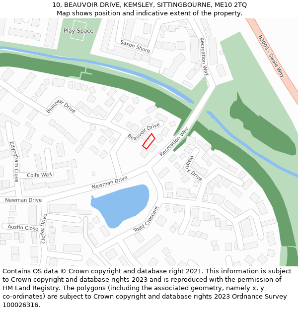 10, BEAUVOIR DRIVE, KEMSLEY, SITTINGBOURNE, ME10 2TQ: Location map and indicative extent of plot