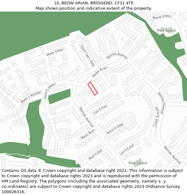 10, BEDW ARIAN, BRIDGEND, CF31 4TP: Location map and indicative extent of plot