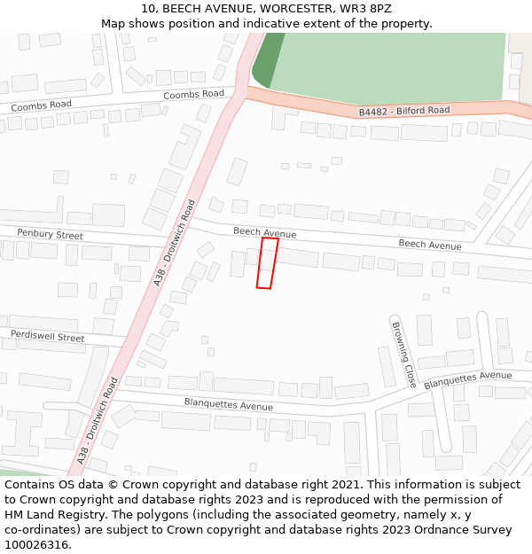 10, BEECH AVENUE, WORCESTER, WR3 8PZ: Location map and indicative extent of plot