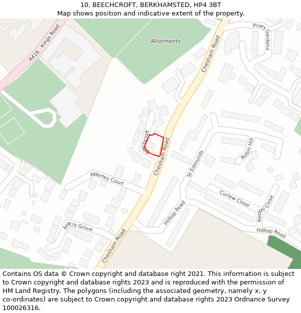 10, BEECHCROFT, BERKHAMSTED, HP4 3BT: Location map and indicative extent of plot