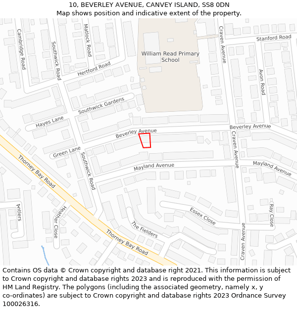 10, BEVERLEY AVENUE, CANVEY ISLAND, SS8 0DN: Location map and indicative extent of plot