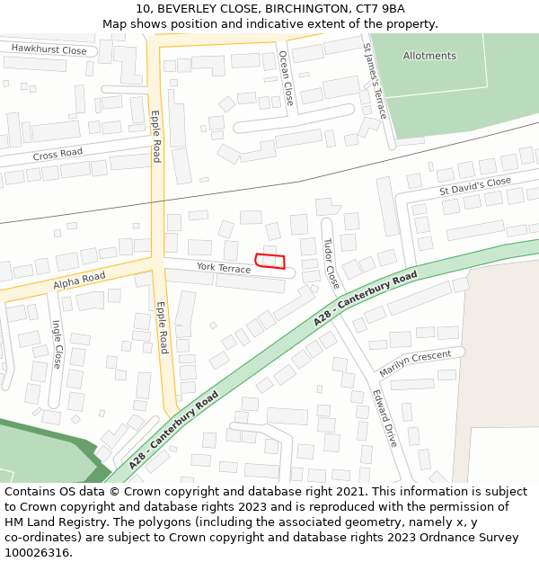 10, BEVERLEY CLOSE, BIRCHINGTON, CT7 9BA: Location map and indicative extent of plot