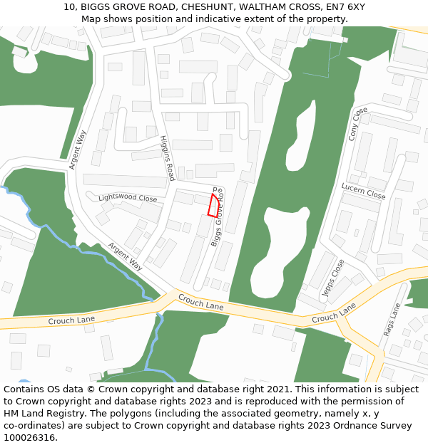 10, BIGGS GROVE ROAD, CHESHUNT, WALTHAM CROSS, EN7 6XY: Location map and indicative extent of plot