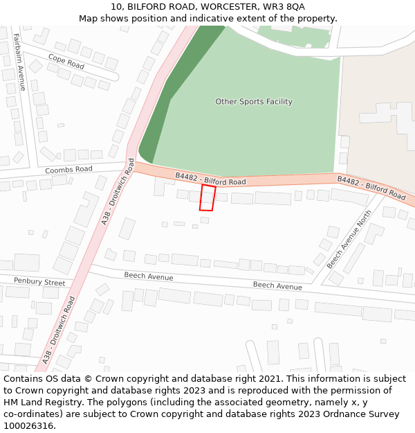 10, BILFORD ROAD, WORCESTER, WR3 8QA: Location map and indicative extent of plot
