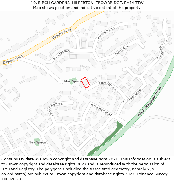 10, BIRCH GARDENS, HILPERTON, TROWBRIDGE, BA14 7TW: Location map and indicative extent of plot