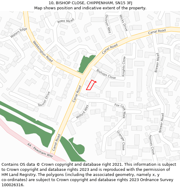 10, BISHOP CLOSE, CHIPPENHAM, SN15 3FJ: Location map and indicative extent of plot