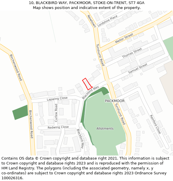 10, BLACKBIRD WAY, PACKMOOR, STOKE-ON-TRENT, ST7 4GA: Location map and indicative extent of plot