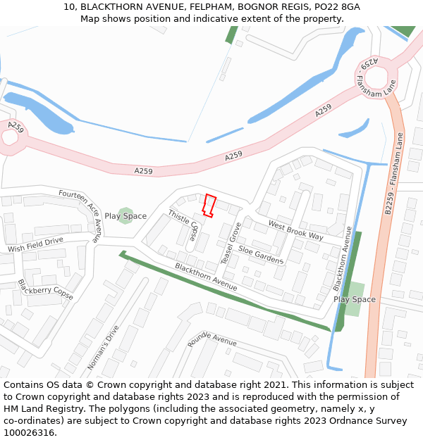 10, BLACKTHORN AVENUE, FELPHAM, BOGNOR REGIS, PO22 8GA: Location map and indicative extent of plot