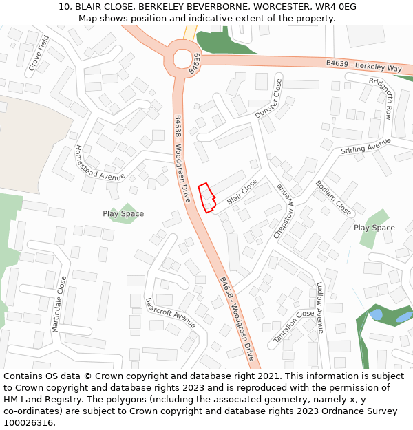 10, BLAIR CLOSE, BERKELEY BEVERBORNE, WORCESTER, WR4 0EG: Location map and indicative extent of plot
