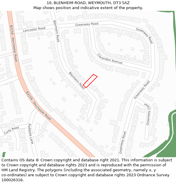 10, BLENHEIM ROAD, WEYMOUTH, DT3 5AZ: Location map and indicative extent of plot