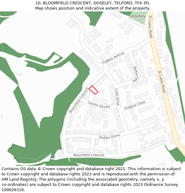 10, BLOOMFIELD CRESCENT, DOSELEY, TELFORD, TF4 3FL: Location map and indicative extent of plot