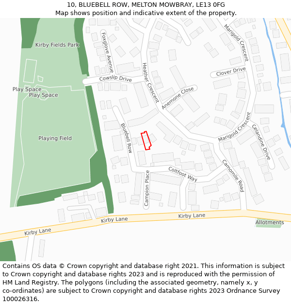 10, BLUEBELL ROW, MELTON MOWBRAY, LE13 0FG: Location map and indicative extent of plot