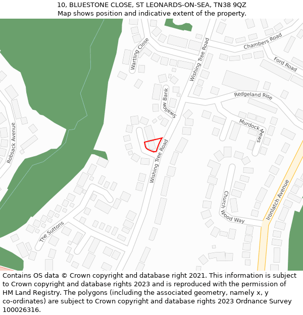 10, BLUESTONE CLOSE, ST LEONARDS-ON-SEA, TN38 9QZ: Location map and indicative extent of plot