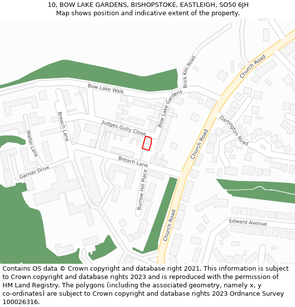 10, BOW LAKE GARDENS, BISHOPSTOKE, EASTLEIGH, SO50 6JH: Location map and indicative extent of plot