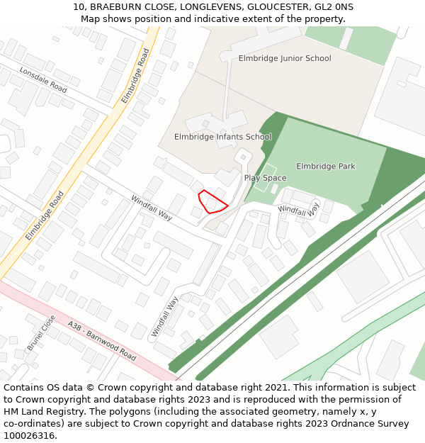 10, BRAEBURN CLOSE, LONGLEVENS, GLOUCESTER, GL2 0NS: Location map and indicative extent of plot