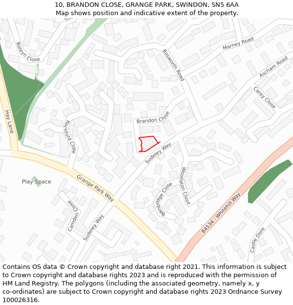 10, BRANDON CLOSE, GRANGE PARK, SWINDON, SN5 6AA: Location map and indicative extent of plot
