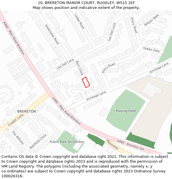 10, BRERETON MANOR COURT, RUGELEY, WS15 1EF: Location map and indicative extent of plot