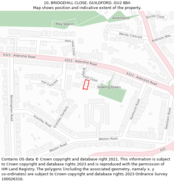 10, BRIDGEHILL CLOSE, GUILDFORD, GU2 8BA: Location map and indicative extent of plot