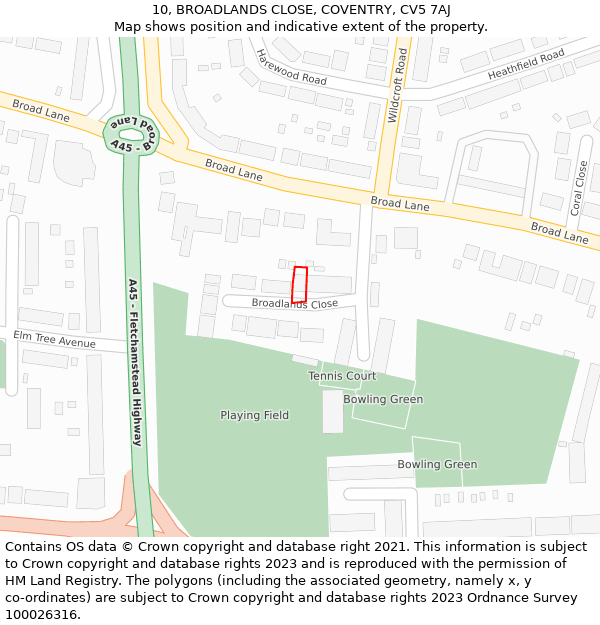 10, BROADLANDS CLOSE, COVENTRY, CV5 7AJ: Location map and indicative extent of plot