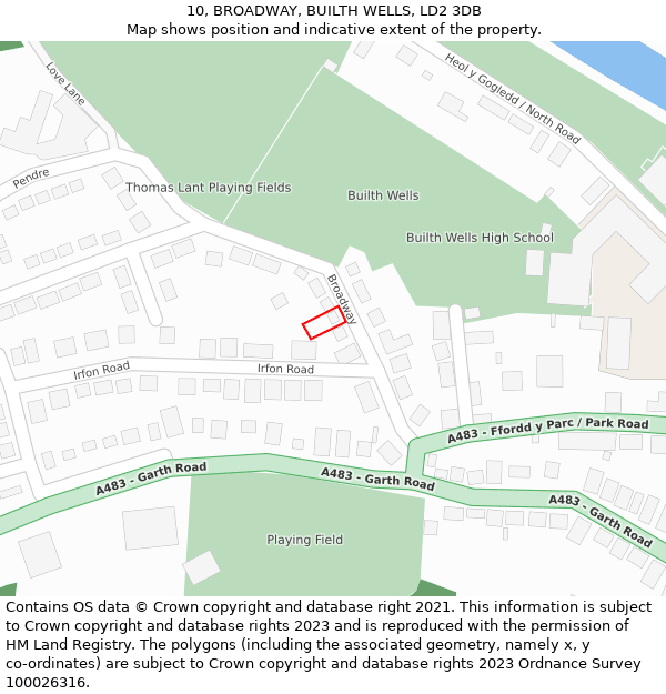 10, BROADWAY, BUILTH WELLS, LD2 3DB: Location map and indicative extent of plot