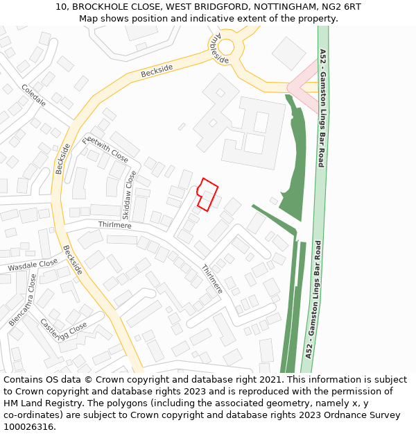 10, BROCKHOLE CLOSE, WEST BRIDGFORD, NOTTINGHAM, NG2 6RT: Location map and indicative extent of plot