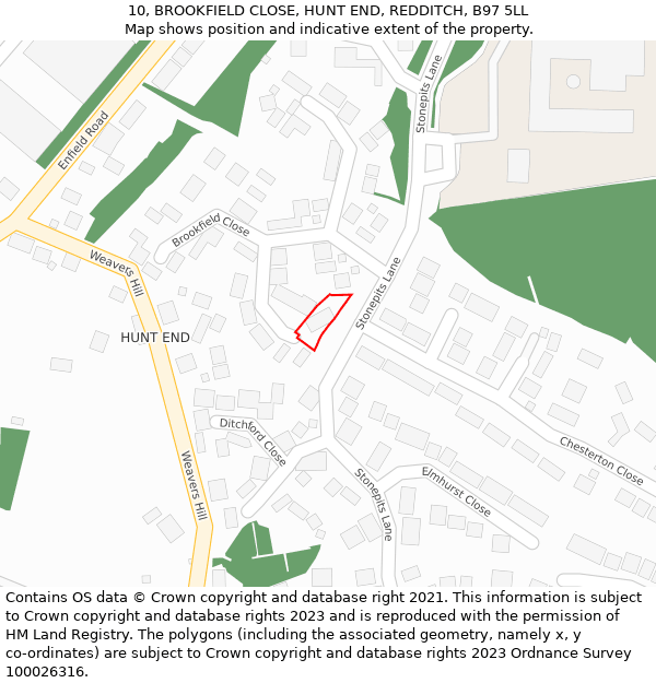 10, BROOKFIELD CLOSE, HUNT END, REDDITCH, B97 5LL: Location map and indicative extent of plot