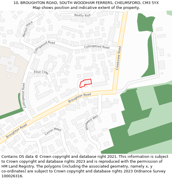 10, BROUGHTON ROAD, SOUTH WOODHAM FERRERS, CHELMSFORD, CM3 5YX: Location map and indicative extent of plot