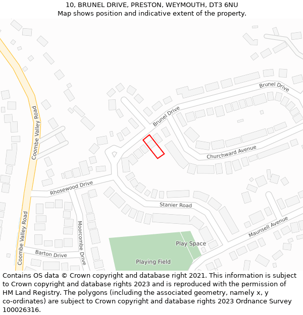 10, BRUNEL DRIVE, PRESTON, WEYMOUTH, DT3 6NU: Location map and indicative extent of plot