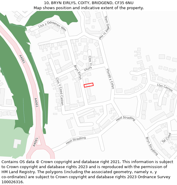 10, BRYN EIRLYS, COITY, BRIDGEND, CF35 6NU: Location map and indicative extent of plot