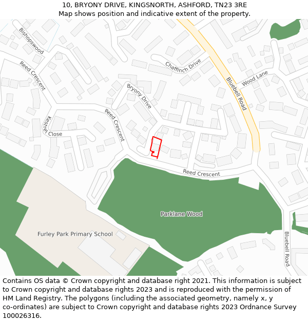 10, BRYONY DRIVE, KINGSNORTH, ASHFORD, TN23 3RE: Location map and indicative extent of plot