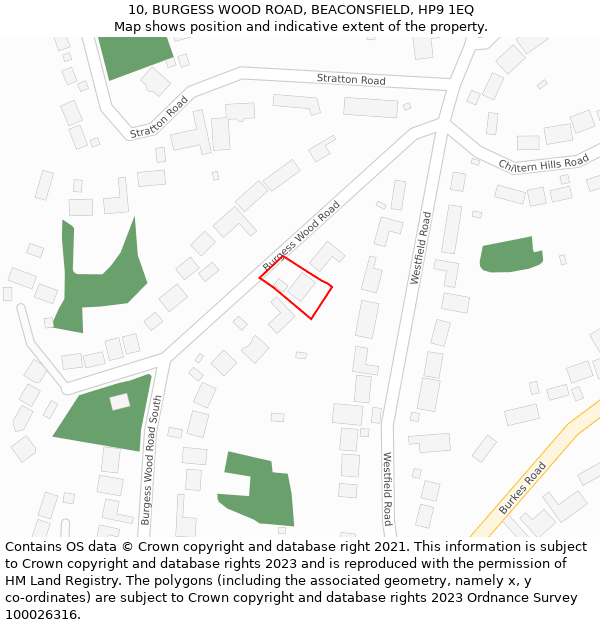 10, BURGESS WOOD ROAD, BEACONSFIELD, HP9 1EQ: Location map and indicative extent of plot