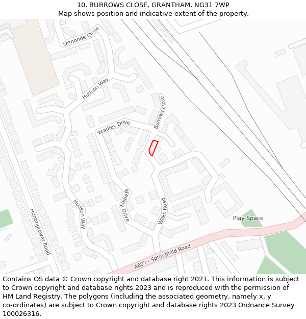 10, BURROWS CLOSE, GRANTHAM, NG31 7WP: Location map and indicative extent of plot