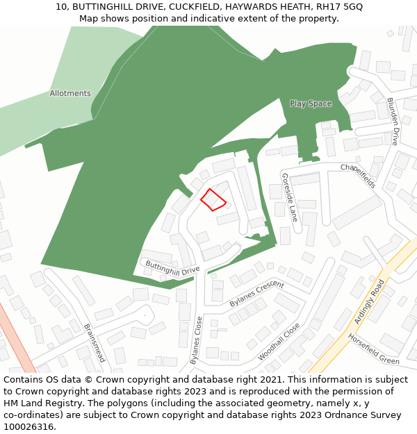 10, BUTTINGHILL DRIVE, CUCKFIELD, HAYWARDS HEATH, RH17 5GQ: Location map and indicative extent of plot