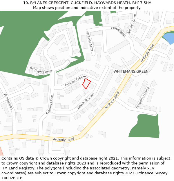 10, BYLANES CRESCENT, CUCKFIELD, HAYWARDS HEATH, RH17 5HA: Location map and indicative extent of plot