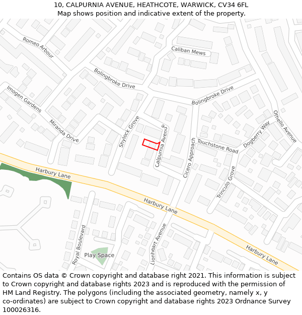 10, CALPURNIA AVENUE, HEATHCOTE, WARWICK, CV34 6FL: Location map and indicative extent of plot