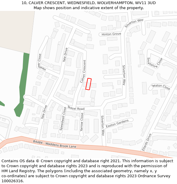 10, CALVER CRESCENT, WEDNESFIELD, WOLVERHAMPTON, WV11 3UD: Location map and indicative extent of plot