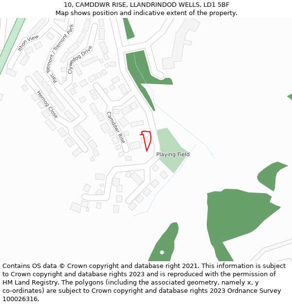 10, CAMDDWR RISE, LLANDRINDOD WELLS, LD1 5BF: Location map and indicative extent of plot