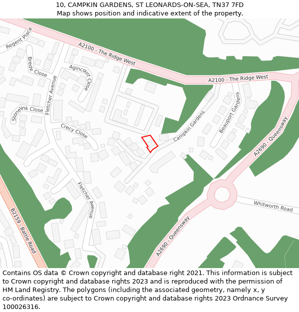 10, CAMPKIN GARDENS, ST LEONARDS-ON-SEA, TN37 7FD: Location map and indicative extent of plot