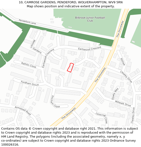 10, CAMROSE GARDENS, PENDEFORD, WOLVERHAMPTON, WV9 5RN: Location map and indicative extent of plot