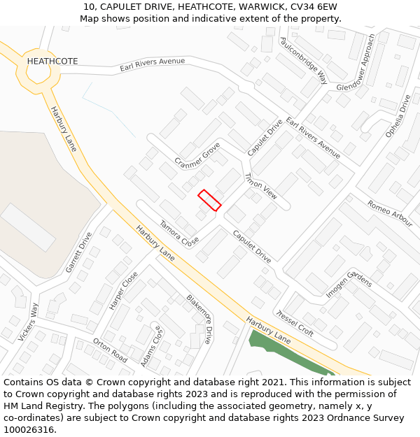 10, CAPULET DRIVE, HEATHCOTE, WARWICK, CV34 6EW: Location map and indicative extent of plot