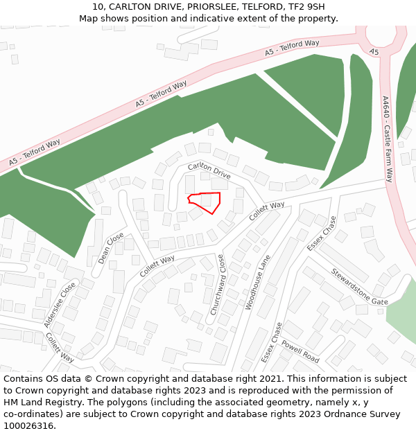 10, CARLTON DRIVE, PRIORSLEE, TELFORD, TF2 9SH: Location map and indicative extent of plot