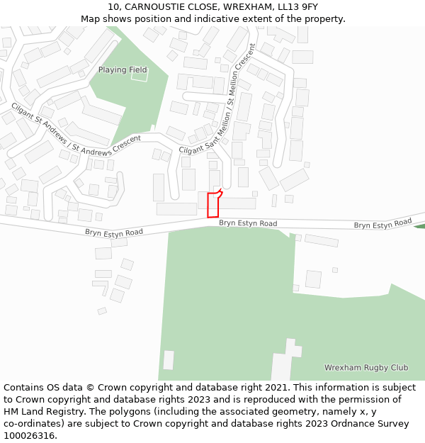 10, CARNOUSTIE CLOSE, WREXHAM, LL13 9FY: Location map and indicative extent of plot