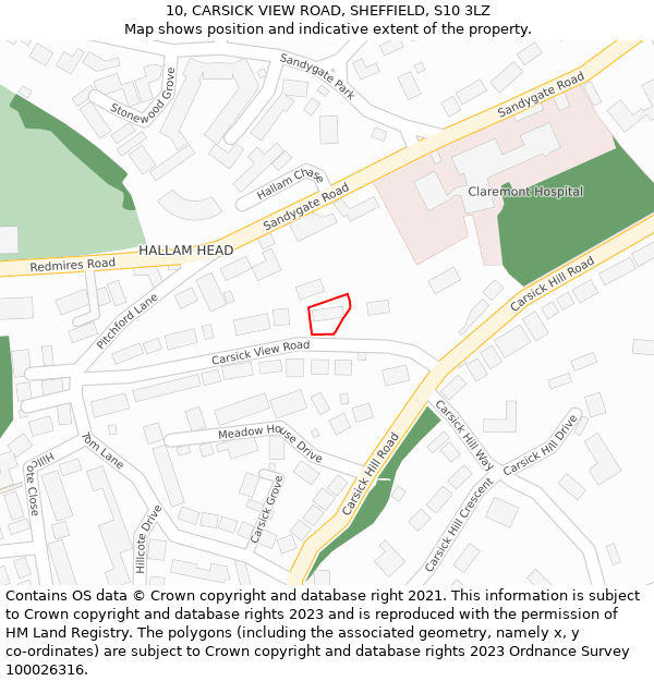 10, CARSICK VIEW ROAD, SHEFFIELD, S10 3LZ: Location map and indicative extent of plot