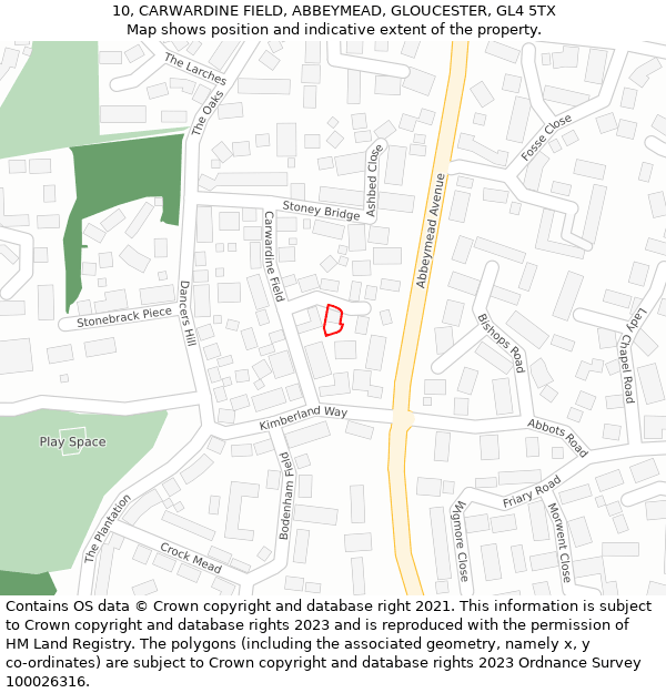 10, CARWARDINE FIELD, ABBEYMEAD, GLOUCESTER, GL4 5TX: Location map and indicative extent of plot