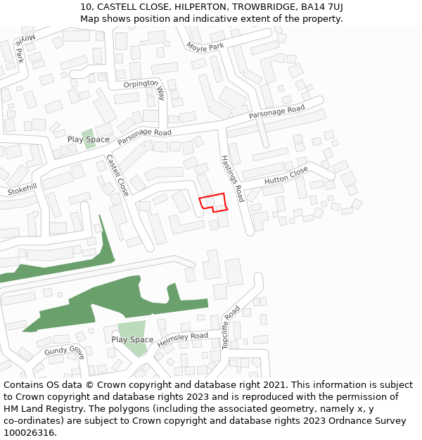 10, CASTELL CLOSE, HILPERTON, TROWBRIDGE, BA14 7UJ: Location map and indicative extent of plot