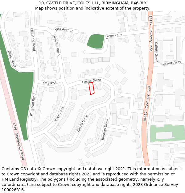 10, CASTLE DRIVE, COLESHILL, BIRMINGHAM, B46 3LY: Location map and indicative extent of plot